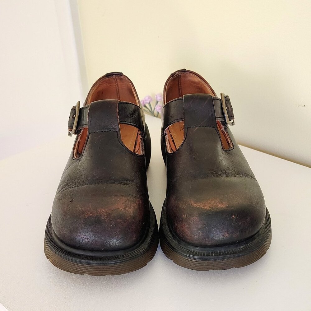 Vintage Black & Brown Leather Made in England DR. MARTENS Chunky Mary Jane Shoes - Picture 2 of 11